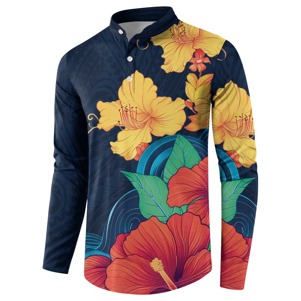 Polynesian Hibiscus Flower Waves Pattern Button Sweatshirt