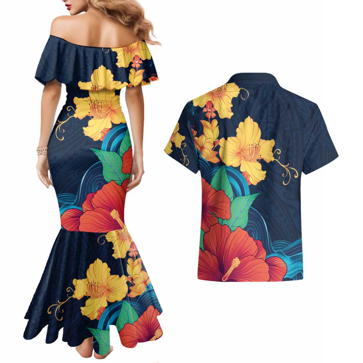 Polynesian Hibiscus Flower Waves Pattern Couples Matching Mermaid Dress and Hawaiian Shirt