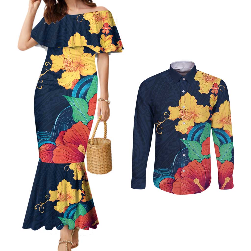 Polynesian Hibiscus Flower Waves Pattern Couples Matching Mermaid Dress and Long Sleeve Button Shirt