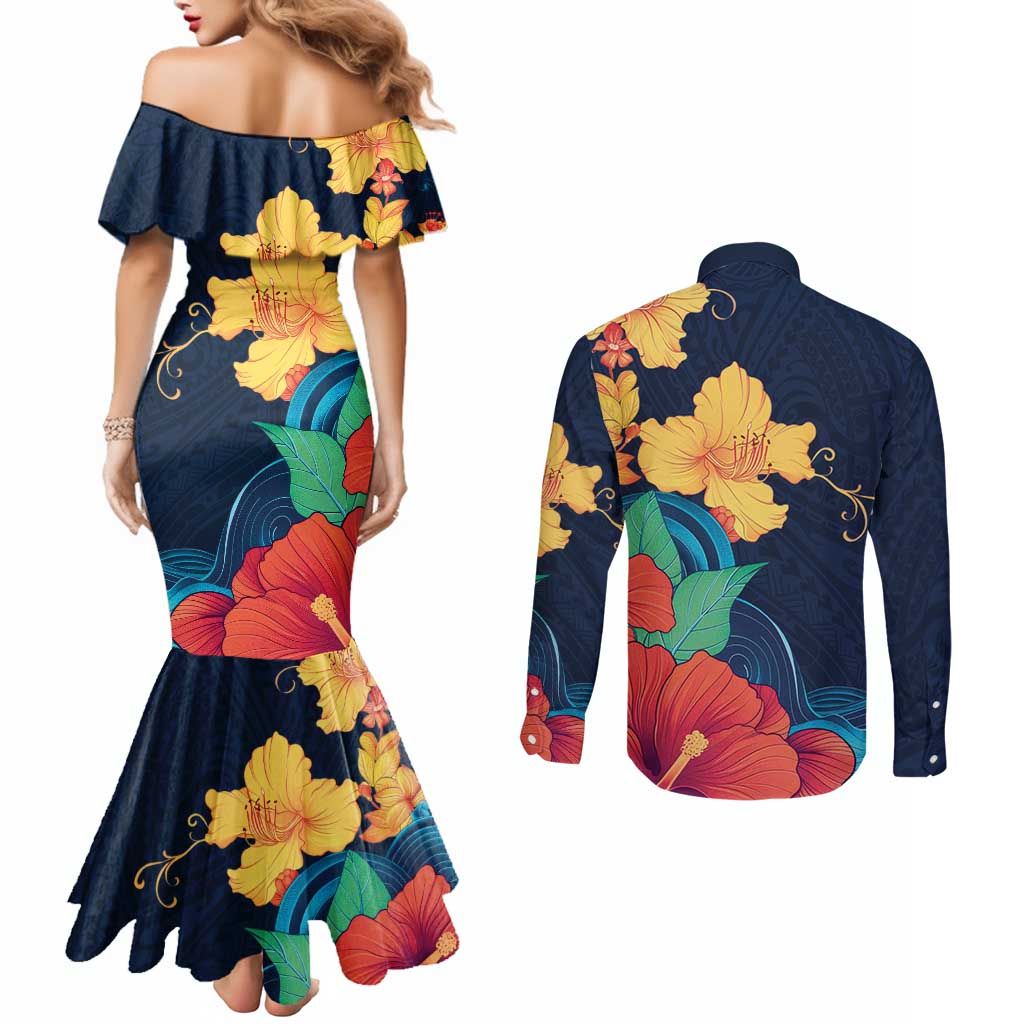 Polynesian Hibiscus Flower Waves Pattern Couples Matching Mermaid Dress and Long Sleeve Button Shirt