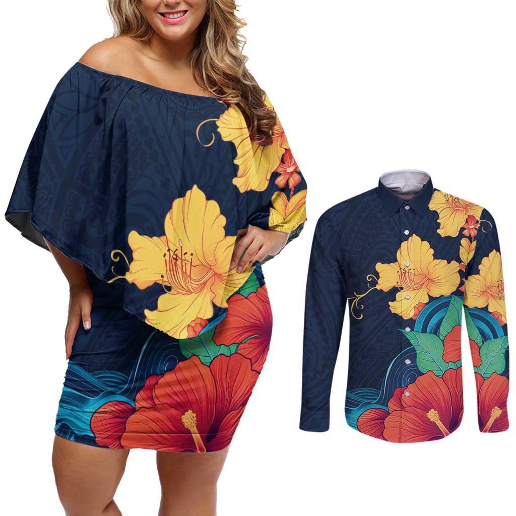 Polynesian Hibiscus Flower Waves Pattern Couples Matching Off Shoulder Short Dress and Long Sleeve Button Shirt