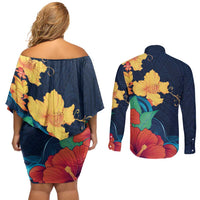 Polynesian Hibiscus Flower Waves Pattern Couples Matching Off Shoulder Short Dress and Long Sleeve Button Shirt