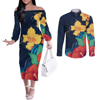 Polynesian Hibiscus Flower Waves Pattern Couples Matching Off The Shoulder Long Sleeve Dress and Long Sleeve Button Shirt