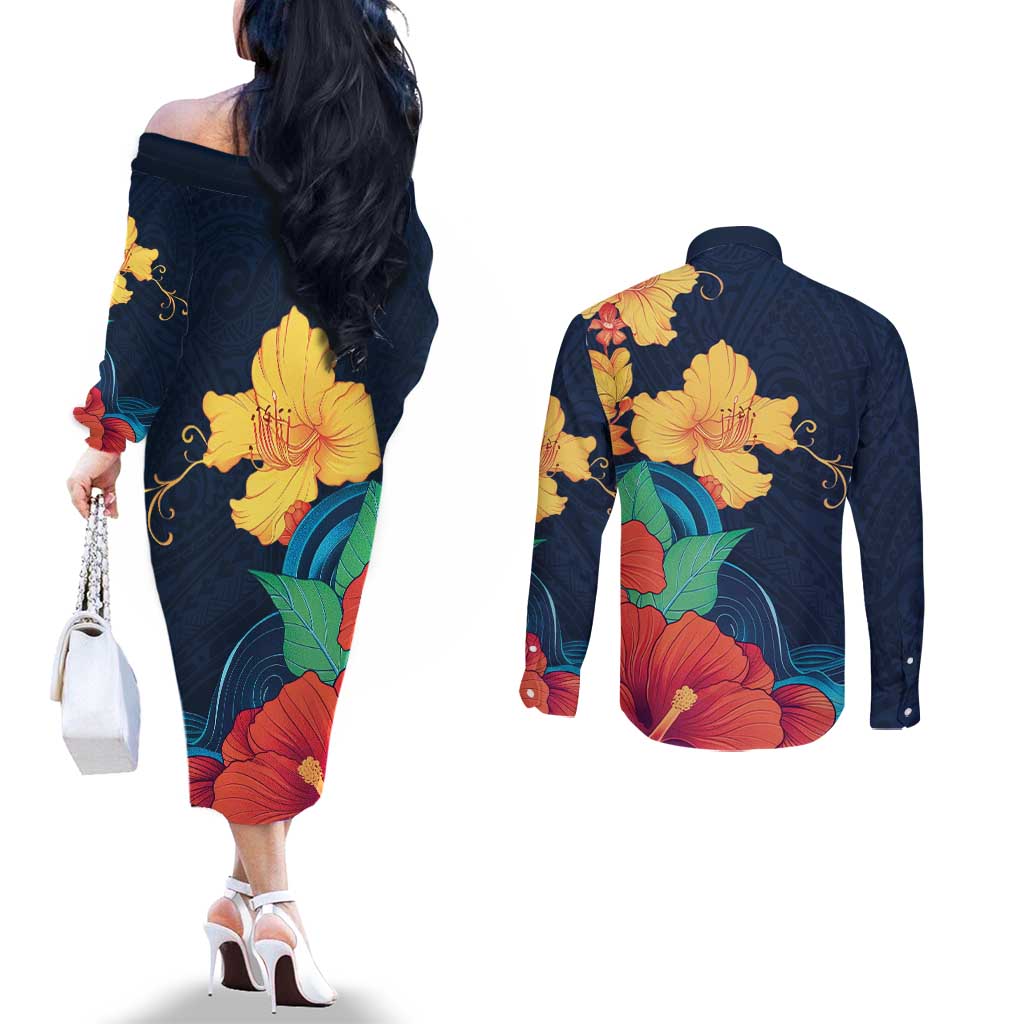 Polynesian Hibiscus Flower Waves Pattern Couples Matching Off The Shoulder Long Sleeve Dress and Long Sleeve Button Shirt