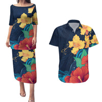 Polynesian Hibiscus Flower Waves Pattern Couples Matching Puletasi and Hawaiian Shirt