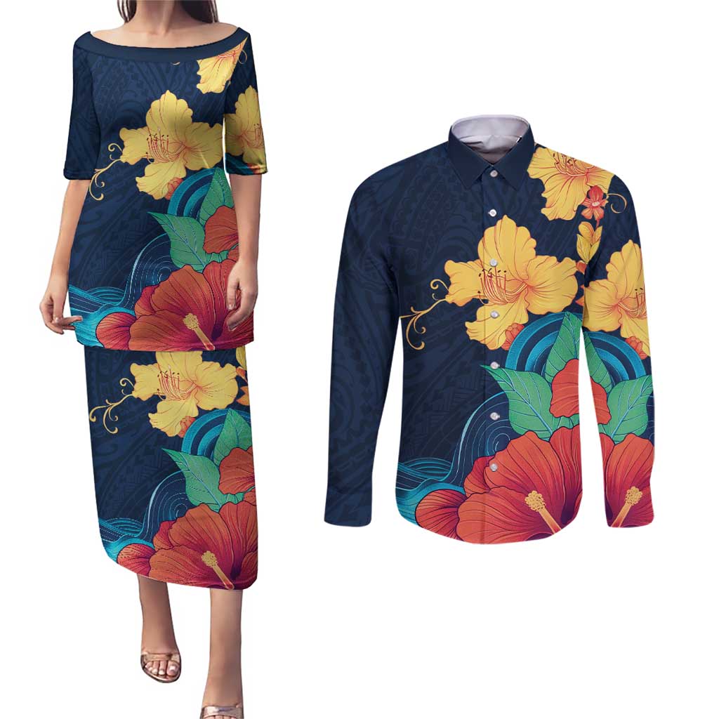 Polynesian Hibiscus Flower Waves Pattern Couples Matching Puletasi and Long Sleeve Button Shirt