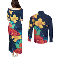 Polynesian Hibiscus Flower Waves Pattern Couples Matching Puletasi and Long Sleeve Button Shirt