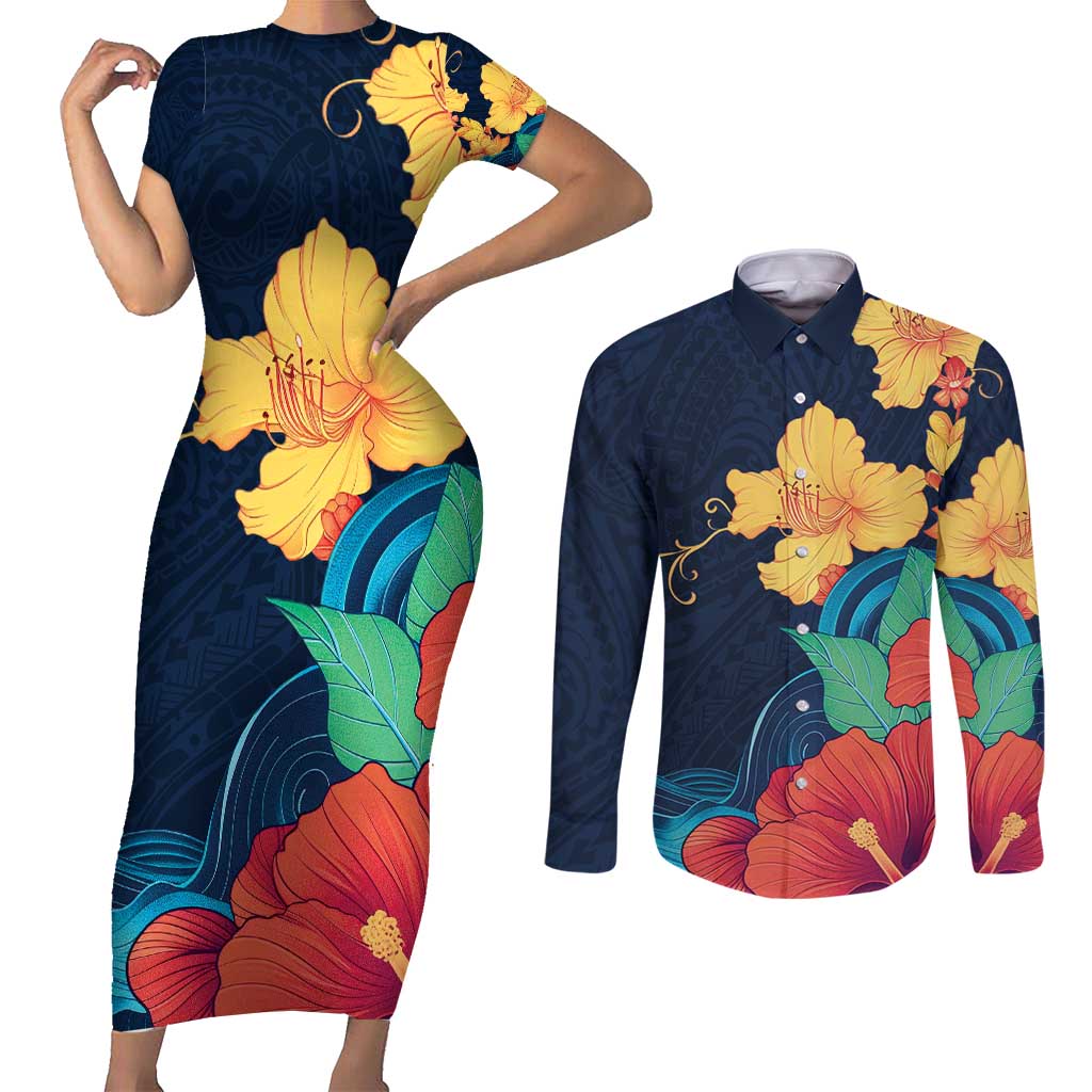 Polynesian Hibiscus Flower Waves Pattern Couples Matching Short Sleeve Bodycon Dress and Long Sleeve Button Shirt