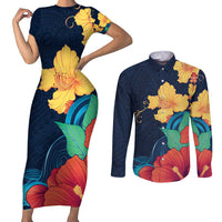 Polynesian Hibiscus Flower Waves Pattern Couples Matching Short Sleeve Bodycon Dress and Long Sleeve Button Shirt