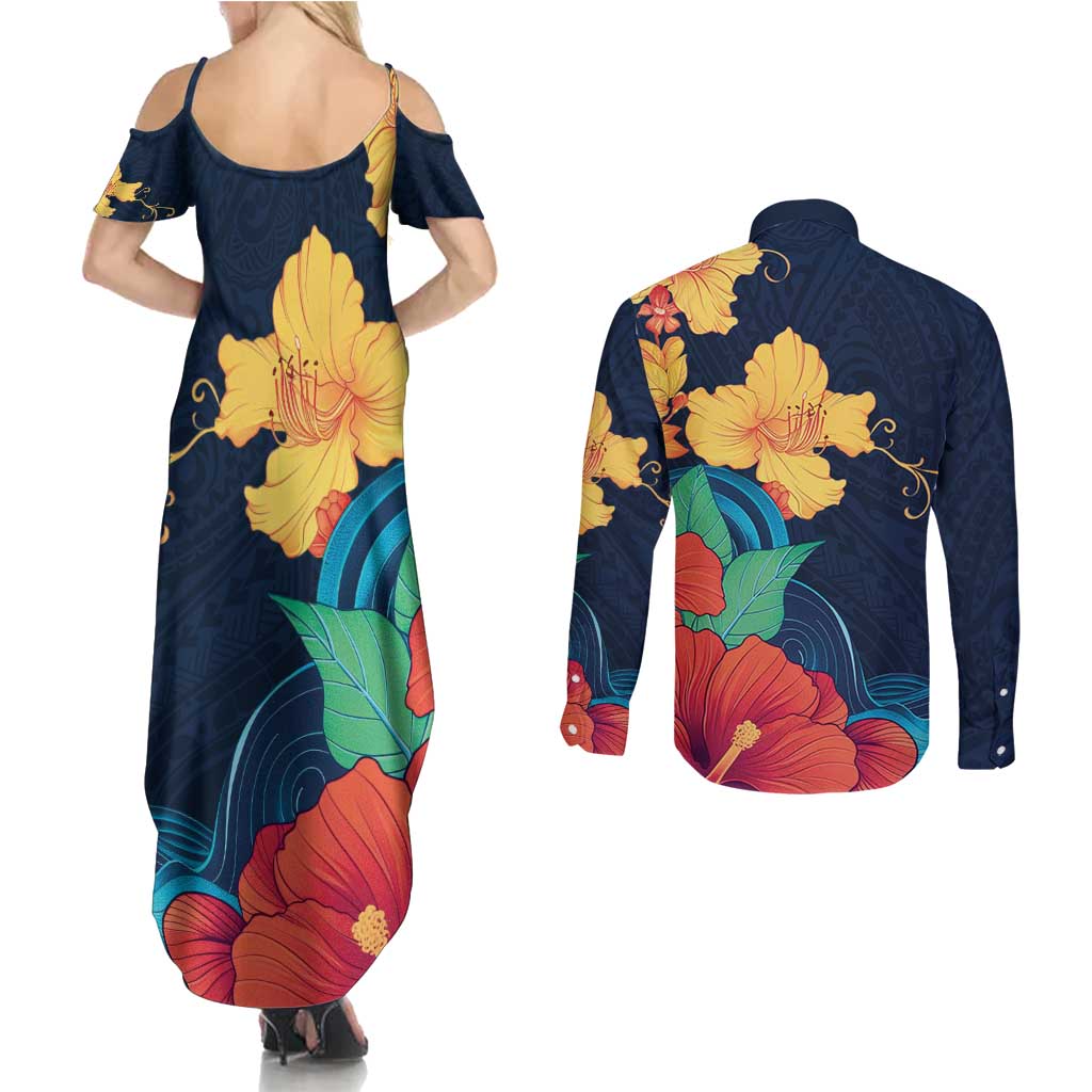 Polynesian Hibiscus Flower Waves Pattern Couples Matching Summer Maxi Dress and Long Sleeve Button Shirt