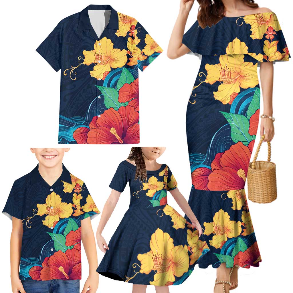 Polynesian Hibiscus Flower Waves Pattern Family Matching Mermaid Dress and Hawaiian Shirt