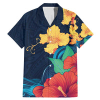 Polynesian Hibiscus Flower Waves Pattern Family Matching Mermaid Dress and Hawaiian Shirt