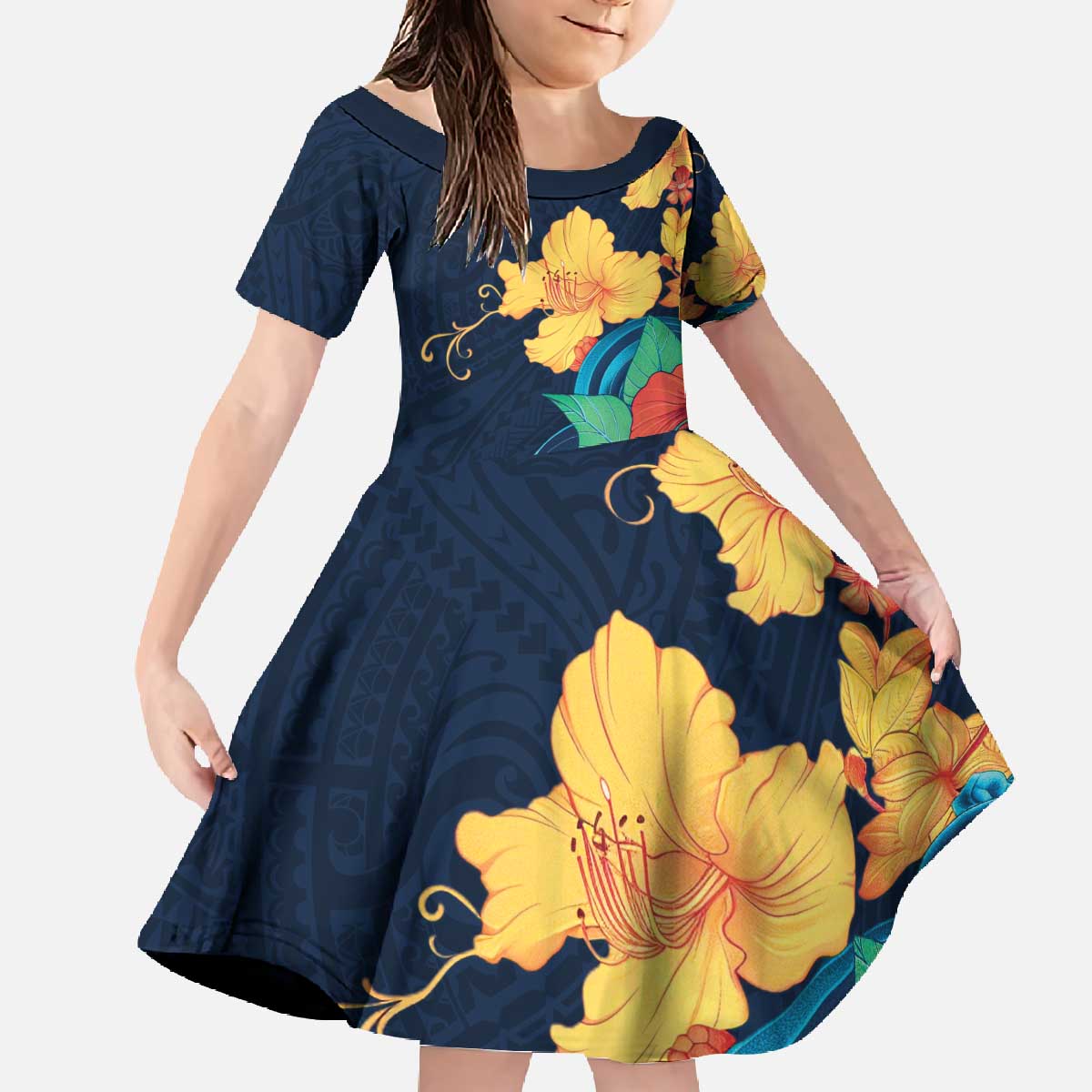 Polynesian Hibiscus Flower Waves Pattern Family Matching Off The Shoulder Long Sleeve Dress and Hawaiian Shirt