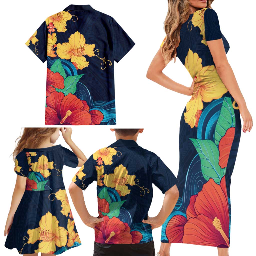 Polynesian Hibiscus Flower Waves Pattern Family Matching Short Sleeve Bodycon Dress and Hawaiian Shirt LT9 - Polynesian Pride