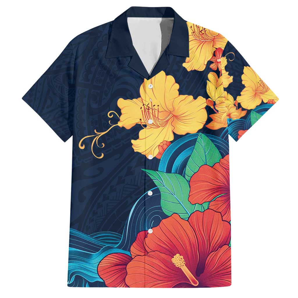 Polynesian Hibiscus Flower Waves Pattern Family Matching Short Sleeve Bodycon Dress and Hawaiian Shirt LT9 Dad's Shirt - Short Sleeve Dark Blue - Polynesian Pride