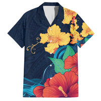 Polynesian Hibiscus Flower Waves Pattern Family Matching Short Sleeve Bodycon Dress and Hawaiian Shirt LT9 Dad's Shirt - Short Sleeve Dark Blue - Polynesian Pride
