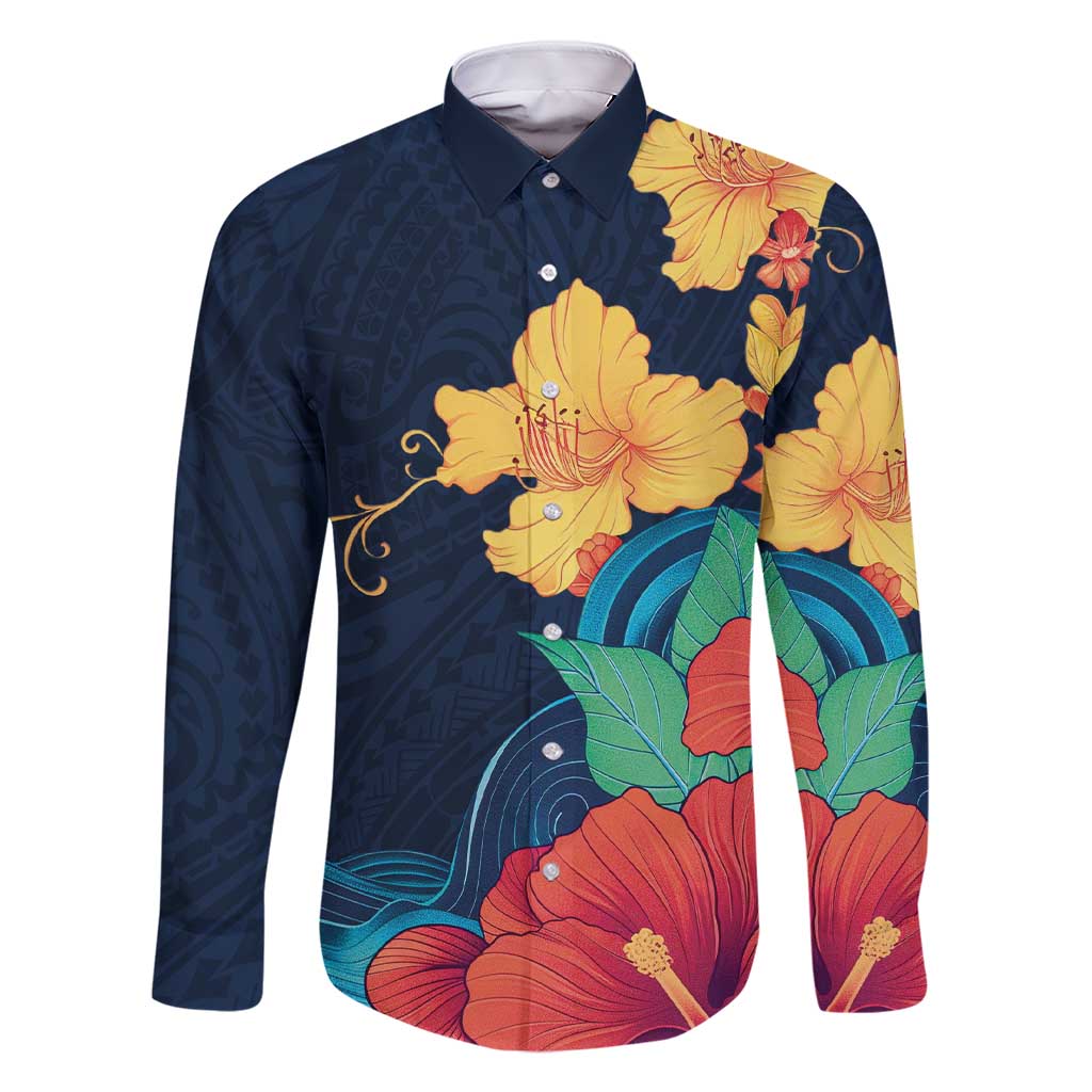 Polynesian Hibiscus Flower Waves Pattern Family Matching Short Sleeve Bodycon Dress and Hawaiian Shirt LT9 Dad's Shirt - Long Sleeve Dark Blue - Polynesian Pride