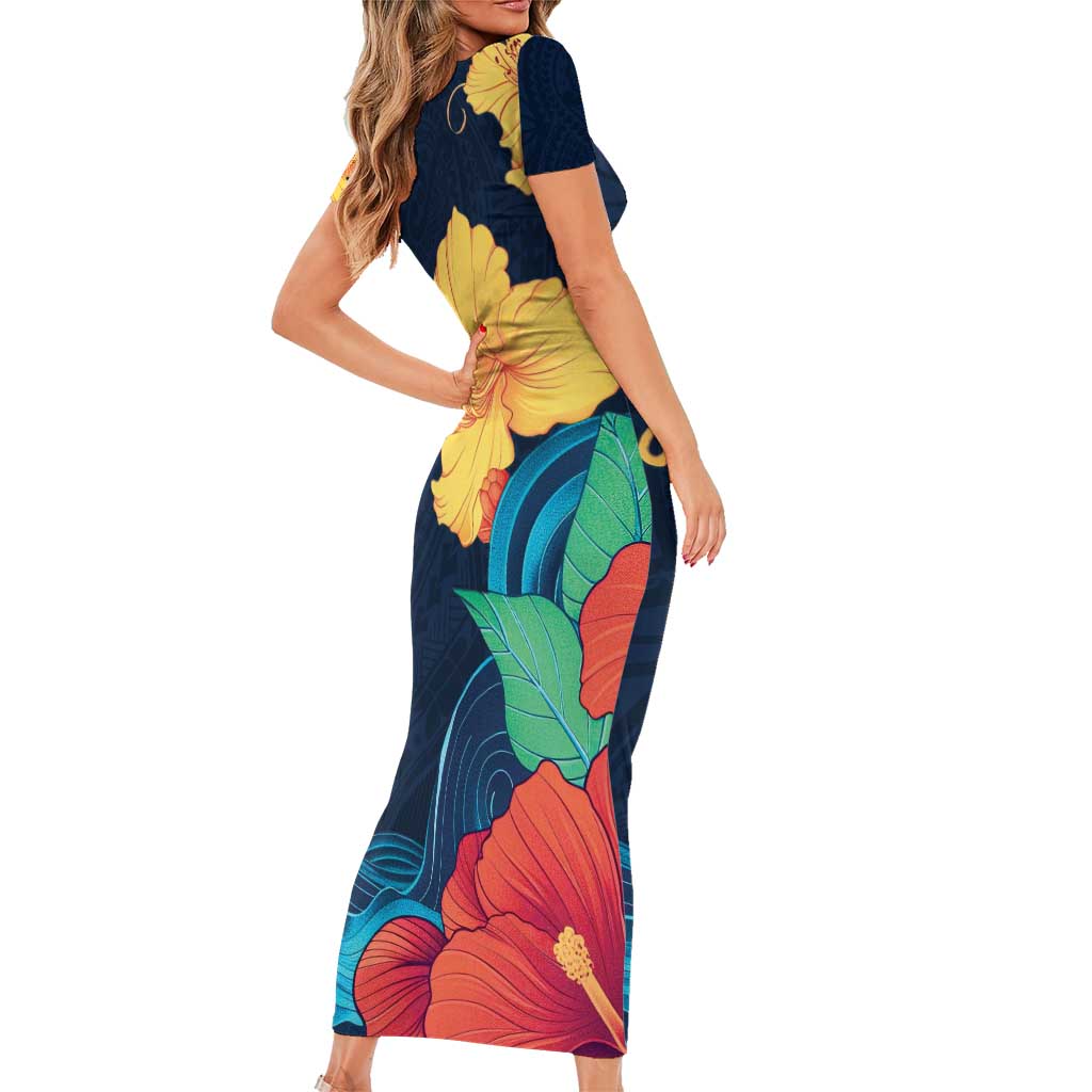 Polynesian Hibiscus Flower Waves Pattern Family Matching Short Sleeve Bodycon Dress and Hawaiian Shirt LT9 - Polynesian Pride