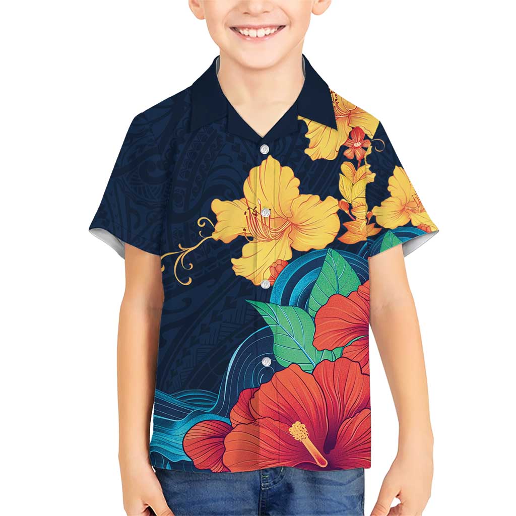 Polynesian Hibiscus Flower Waves Pattern Family Matching Short Sleeve Bodycon Dress and Hawaiian Shirt LT9 Son's Shirt Dark Blue - Polynesian Pride