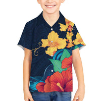 Polynesian Hibiscus Flower Waves Pattern Family Matching Short Sleeve Bodycon Dress and Hawaiian Shirt LT9 Son's Shirt Dark Blue - Polynesian Pride