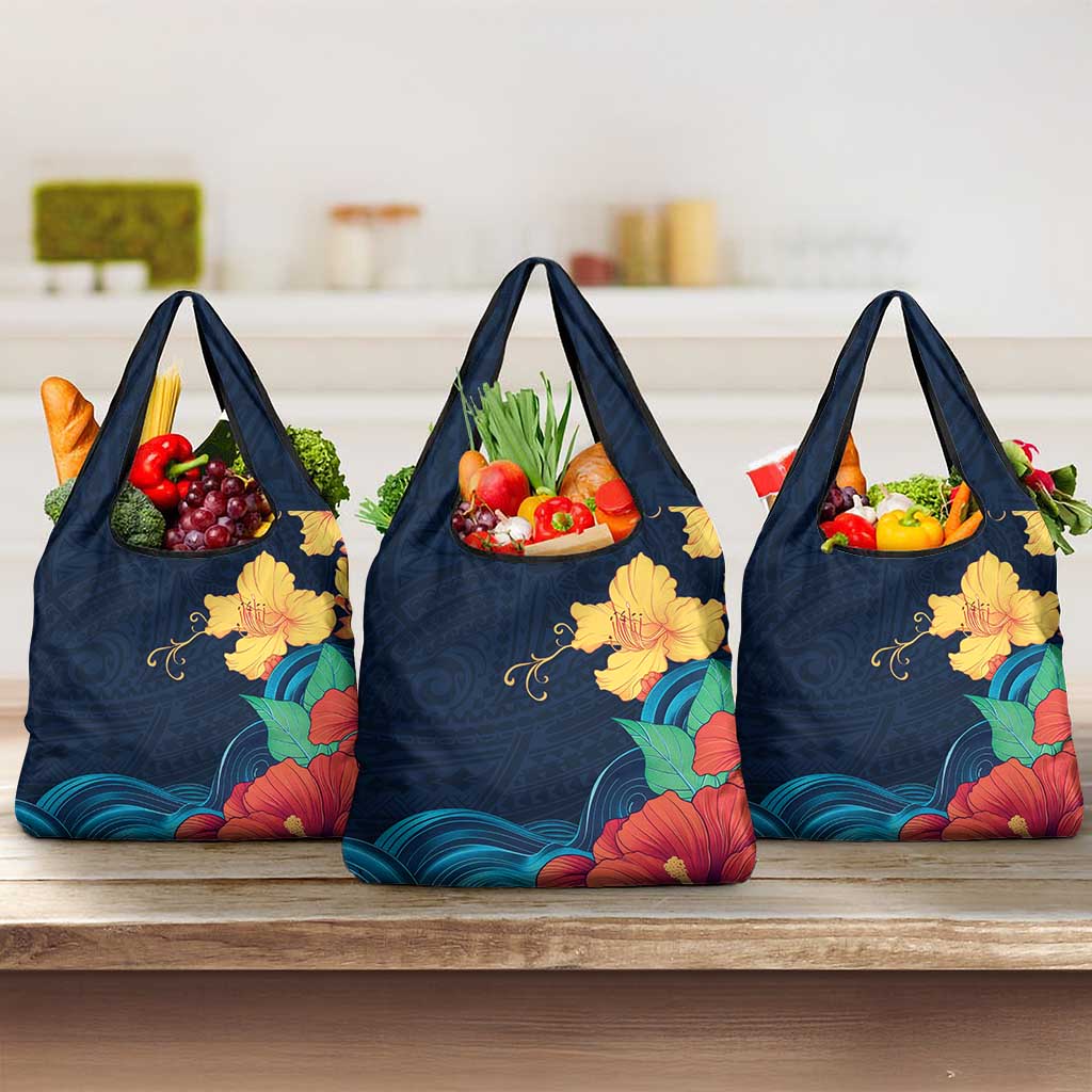 Polynesian Hibiscus Flower Waves Pattern Grocery Bag