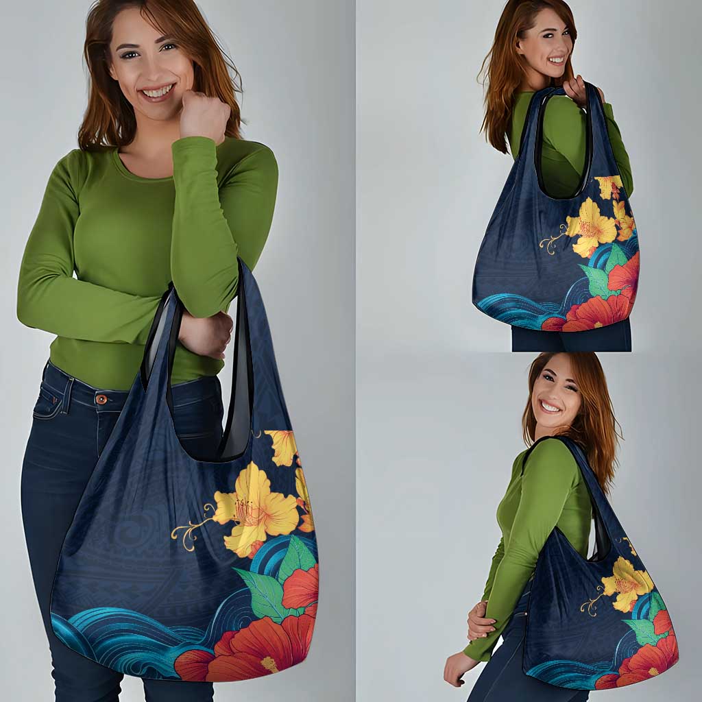 Polynesian Hibiscus Flower Waves Pattern Grocery Bag