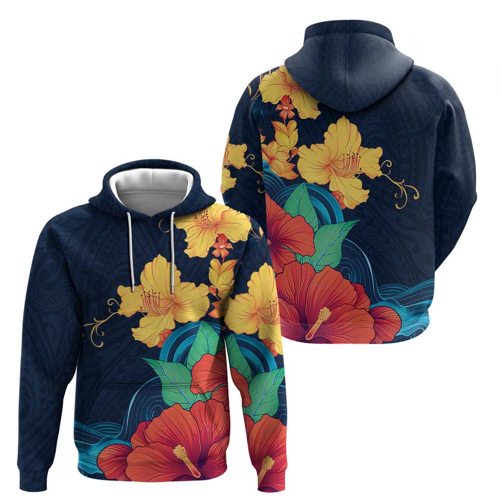 Polynesian Hibiscus Flower Waves Pattern Hoodie