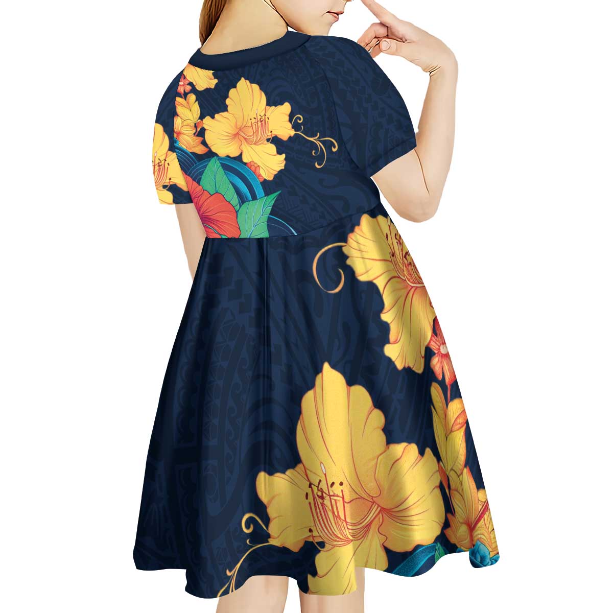 Polynesian Hibiscus Flower Waves Pattern Kid Short Sleeve Dress