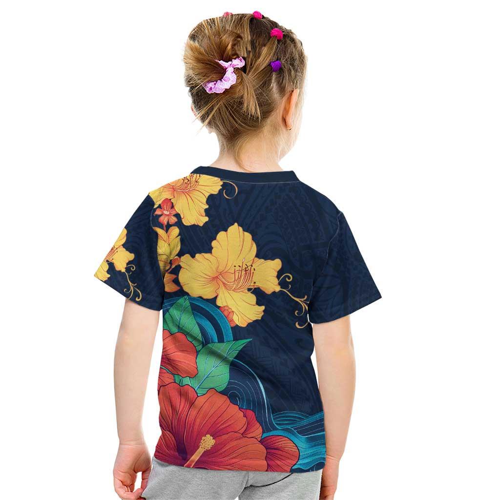 Polynesian Hibiscus Flower Waves Pattern Kid T Shirt
