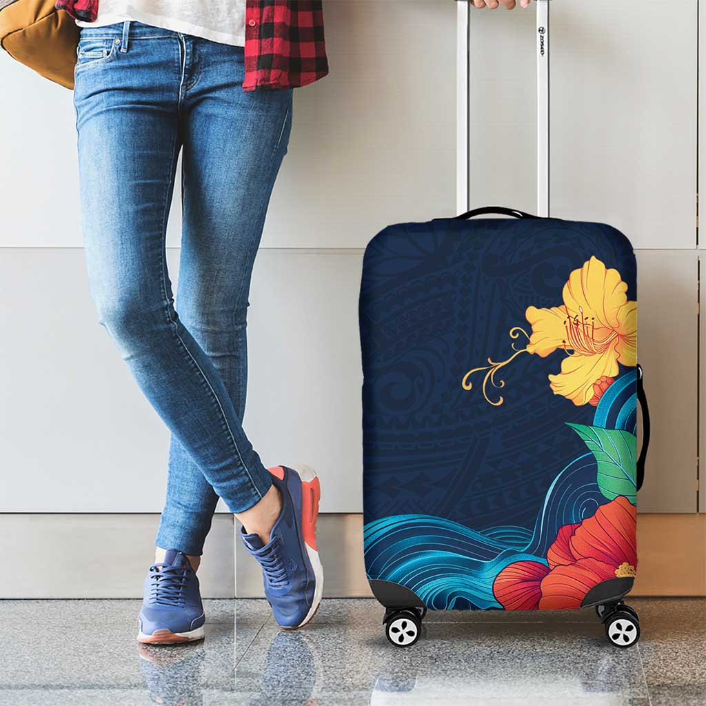 Polynesian Hibiscus Flower Waves Pattern Luggage Cover