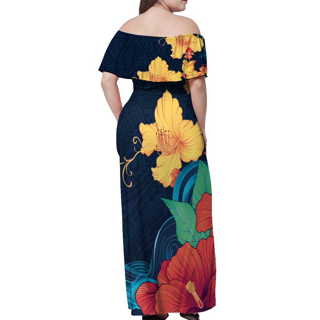 Polynesian Hibiscus Flower Waves Pattern Off Shoulder Maxi Dress