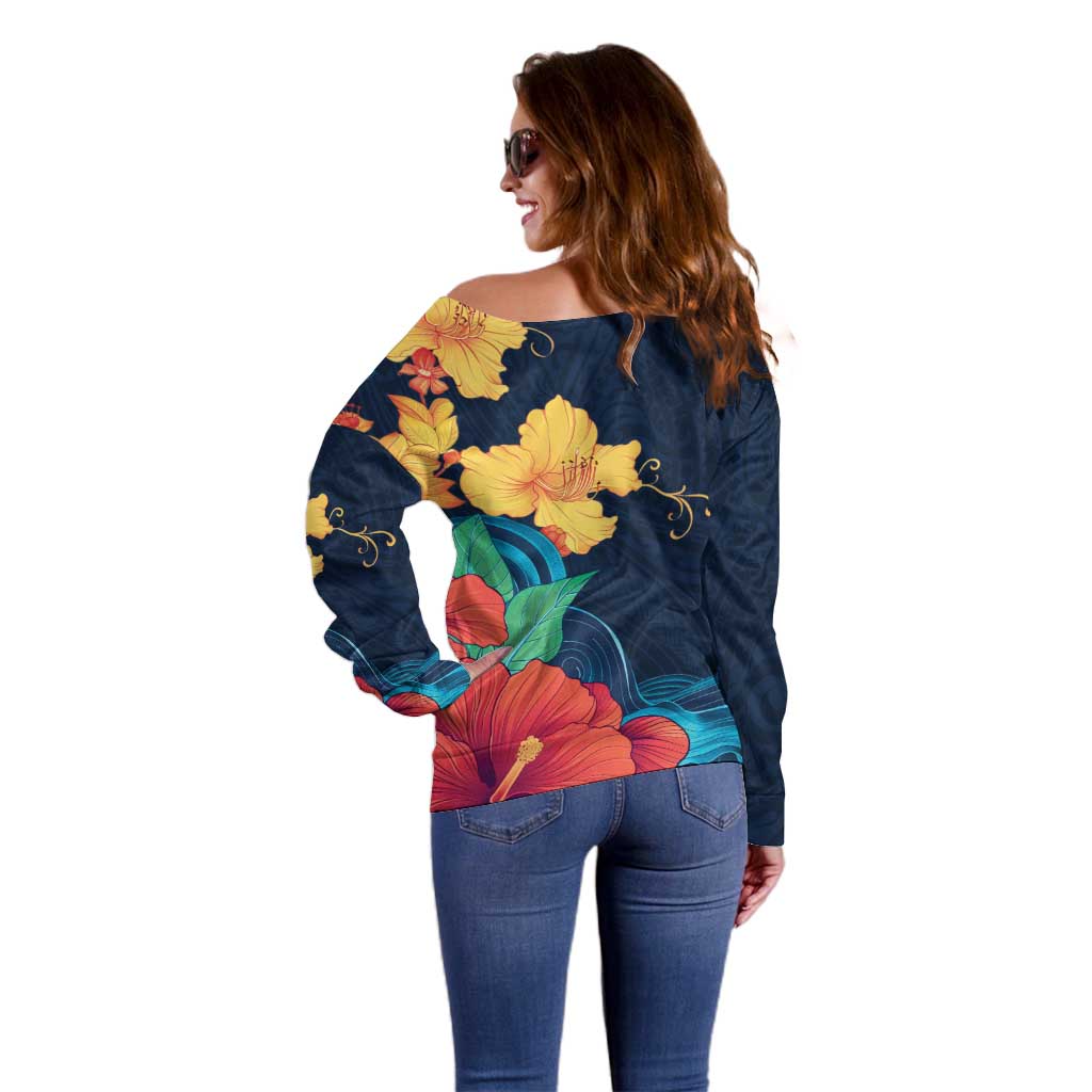 Polynesian Hibiscus Flower Waves Pattern Off Shoulder Sweater