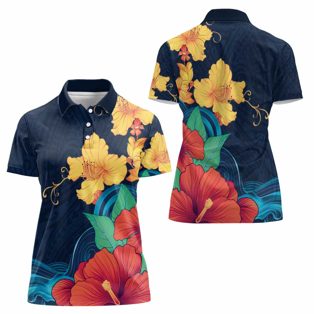 Polynesian Hibiscus Flower Waves Pattern Women Polo Shirt
