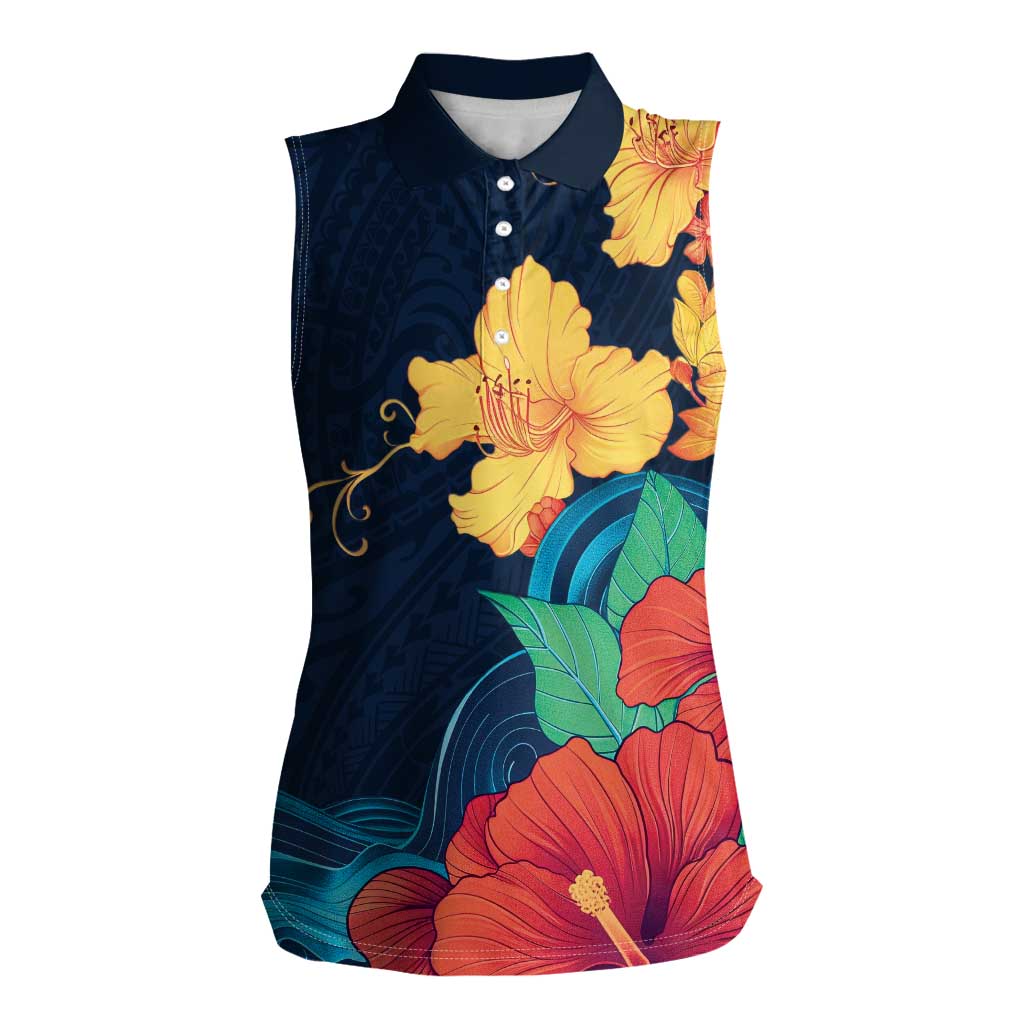 Polynesian Hibiscus Flower Waves Pattern Women Sleeveless Polo Shirt