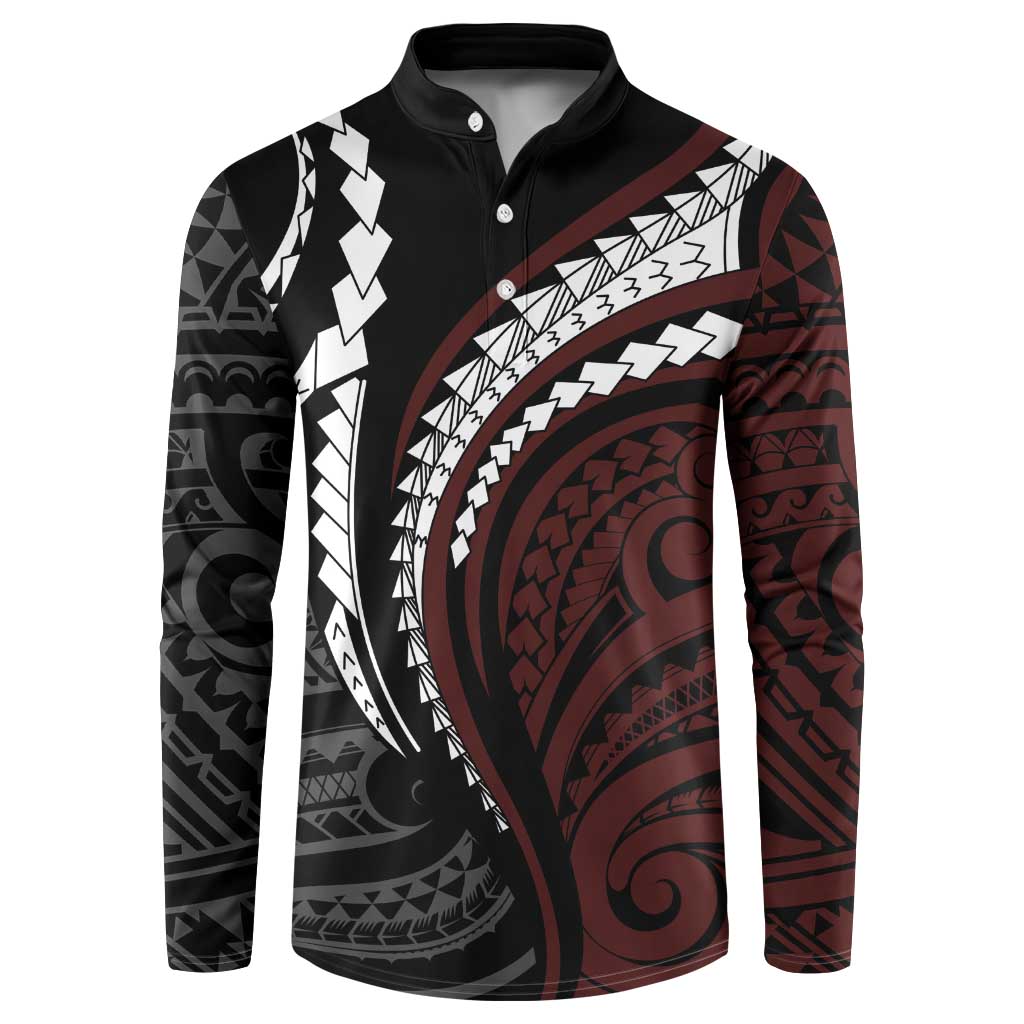 Polynesian Oxblood Line Art Tribal Tattoo Button Sweatshirt