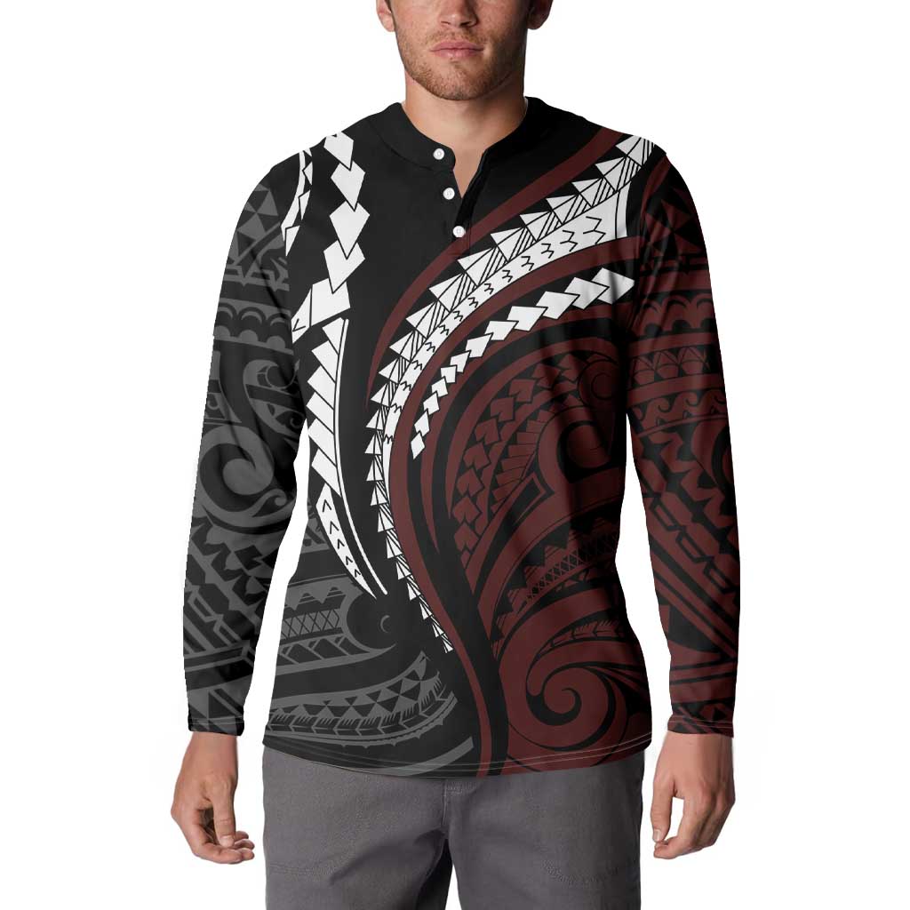 Polynesian Oxblood Line Art Tribal Tattoo Button Sweatshirt
