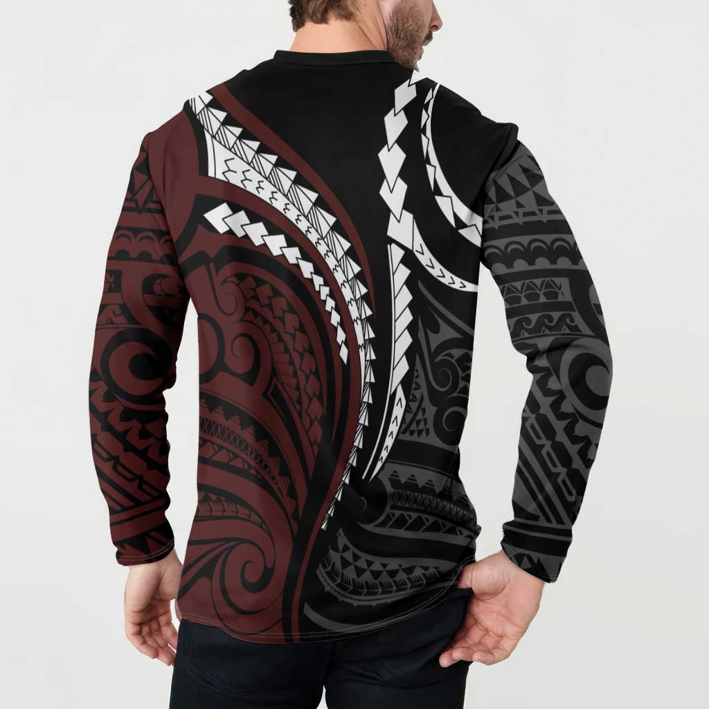 Polynesian Oxblood Line Art Tribal Tattoo Button Sweatshirt