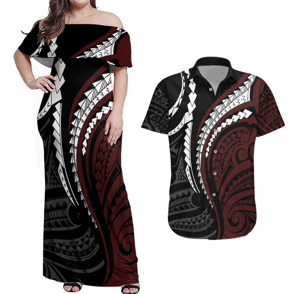 Polynesian Oxblood Line Art Tribal Tattoo Couples Matching Off Shoulder Maxi Dress and Hawaiian Shirt