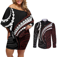 Polynesian Oxblood Line Art Tribal Tattoo Couples Matching Off Shoulder Short Dress and Long Sleeve Button Shirt