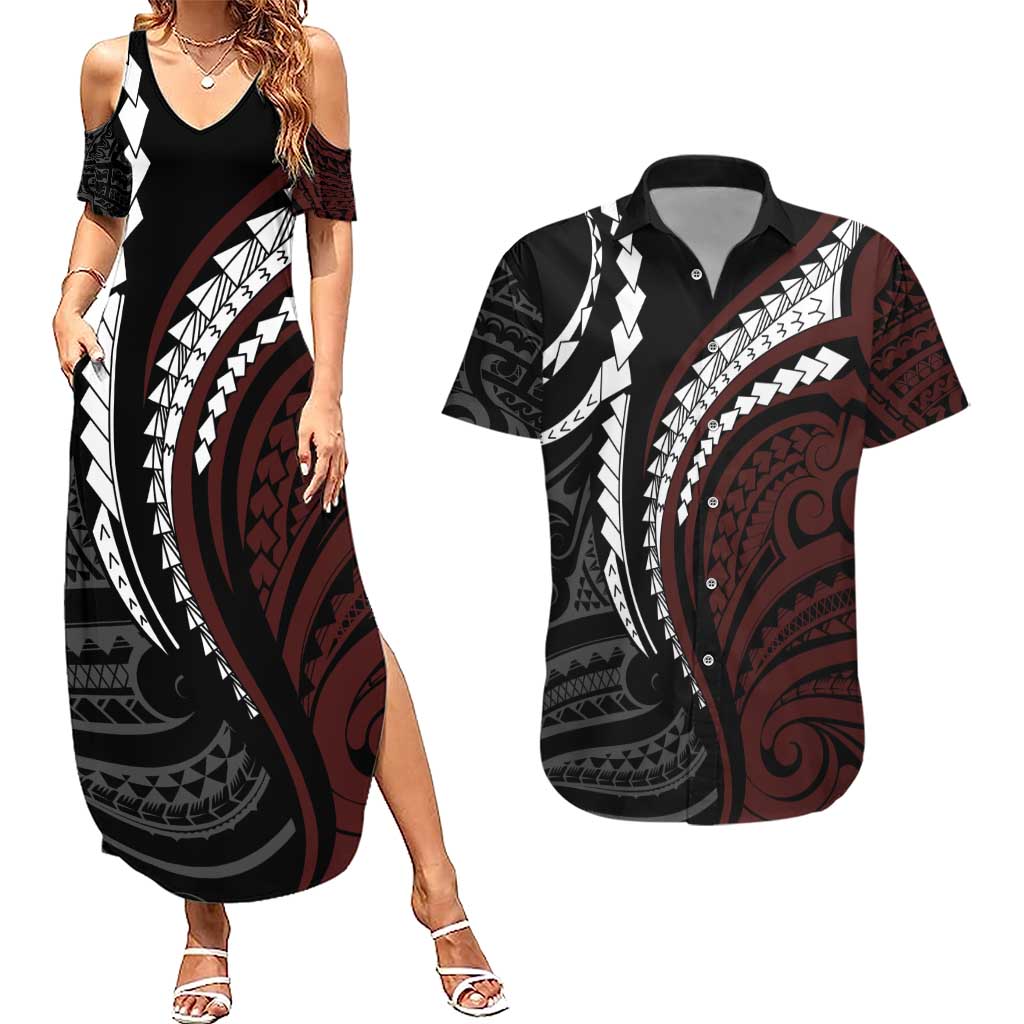 Polynesian Oxblood Line Art Tribal Tattoo Couples Matching Summer Maxi Dress and Hawaiian Shirt