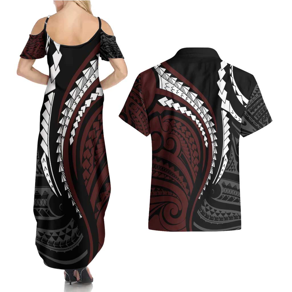 Polynesian Oxblood Line Art Tribal Tattoo Couples Matching Summer Maxi Dress and Hawaiian Shirt