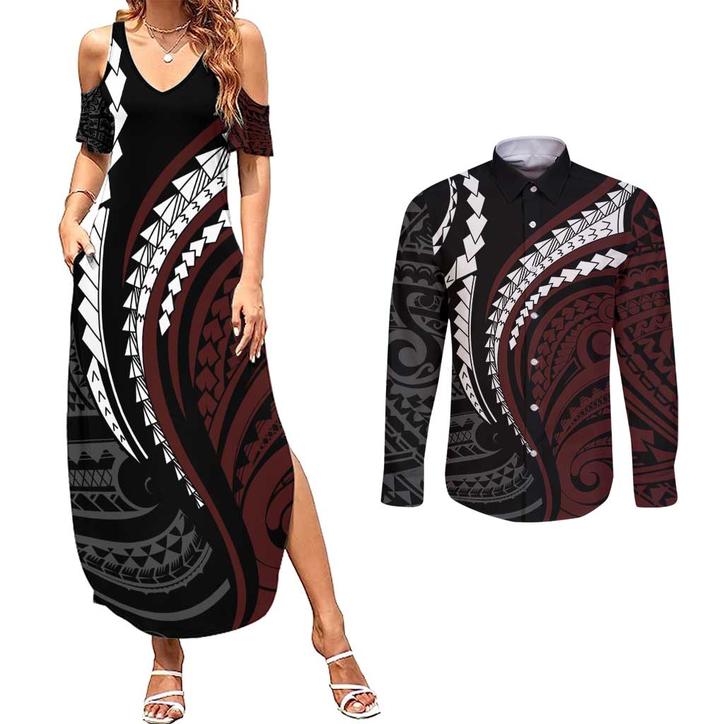 Polynesian Oxblood Line Art Tribal Tattoo Couples Matching Summer Maxi Dress and Long Sleeve Button Shirt