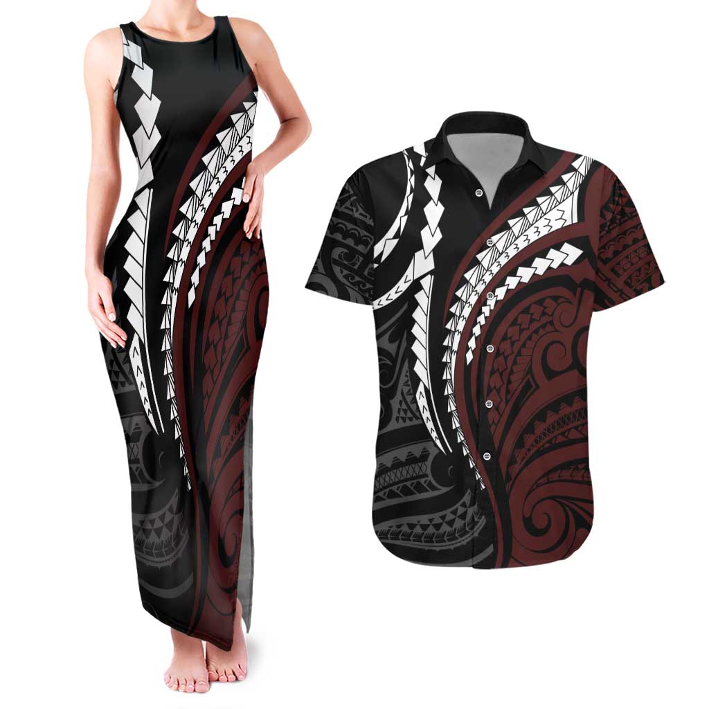 Polynesian Oxblood Line Art Tribal Tattoo Couples Matching Tank Maxi Dress and Hawaiian Shirt