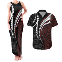 Polynesian Oxblood Line Art Tribal Tattoo Couples Matching Tank Maxi Dress and Hawaiian Shirt