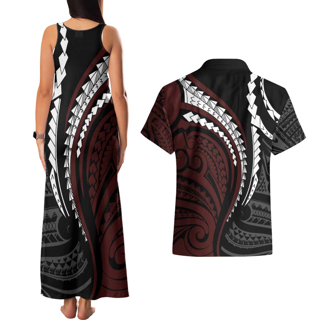 Polynesian Oxblood Line Art Tribal Tattoo Couples Matching Tank Maxi Dress and Hawaiian Shirt