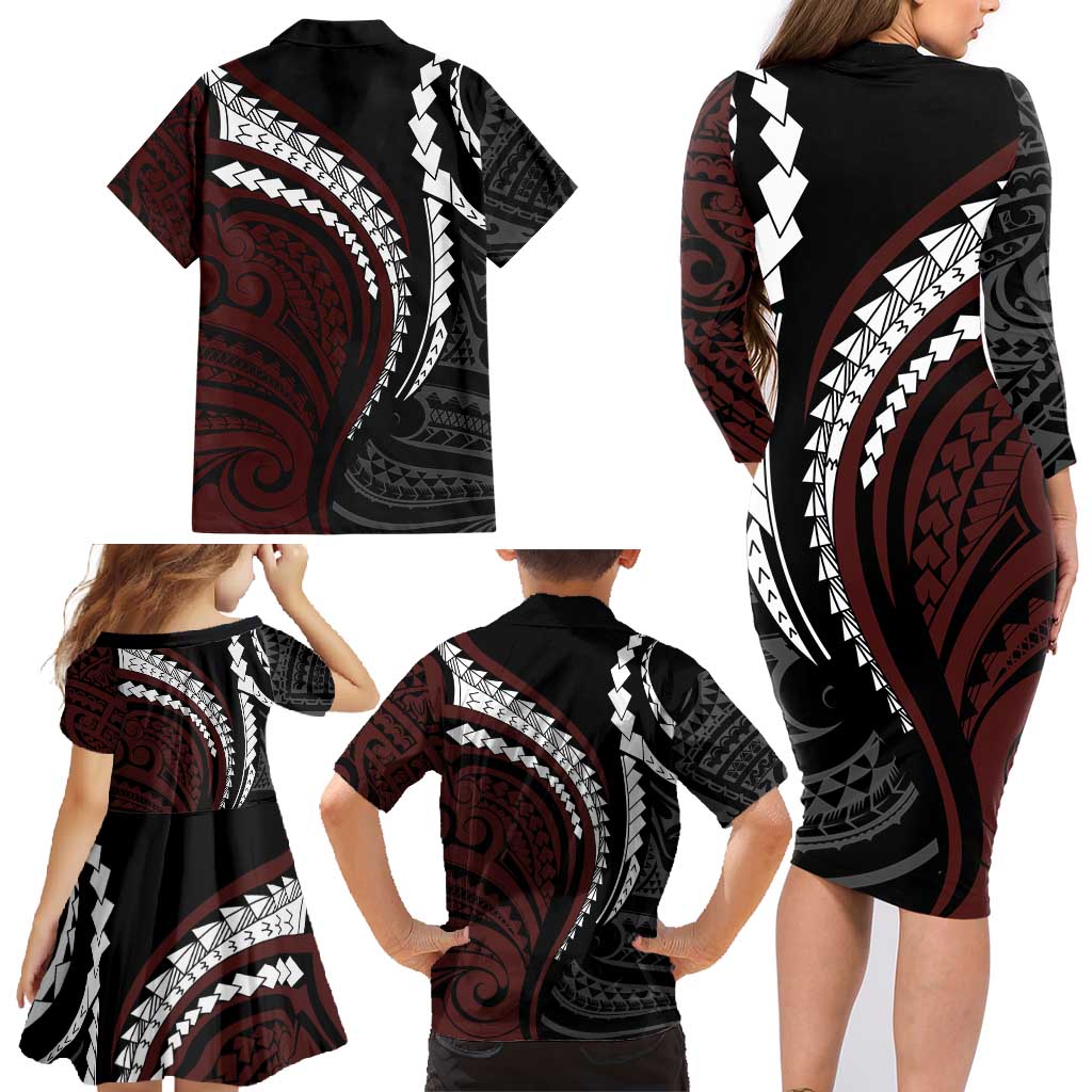 Polynesian Oxblood Line Art Tribal Tattoo Family Matching Long Sleeve Bodycon Dress and Hawaiian Shirt LT9 - Polynesian Pride
