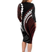 Polynesian Oxblood Line Art Tribal Tattoo Family Matching Long Sleeve Bodycon Dress and Hawaiian Shirt LT9 - Polynesian Pride