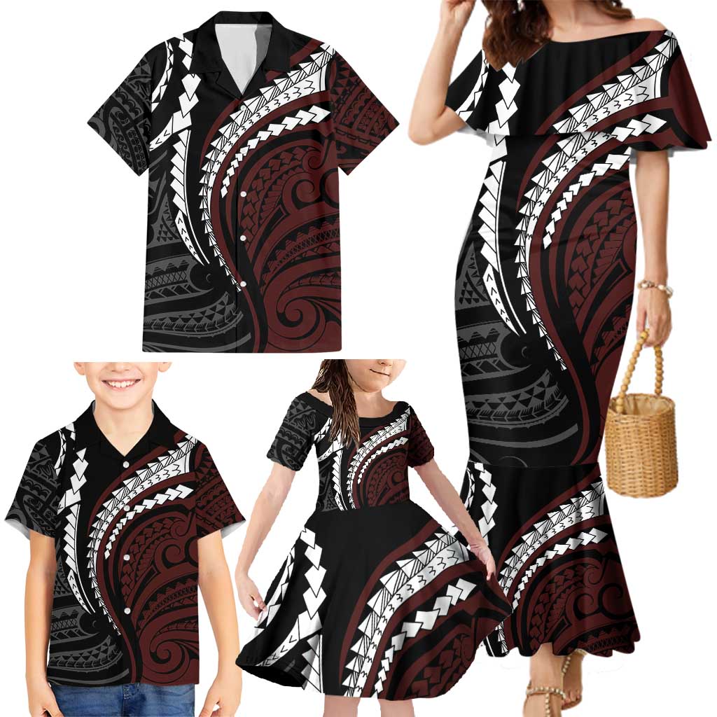 Polynesian Oxblood Line Art Tribal Tattoo Family Matching Mermaid Dress and Hawaiian Shirt LT9 - Polynesian Pride