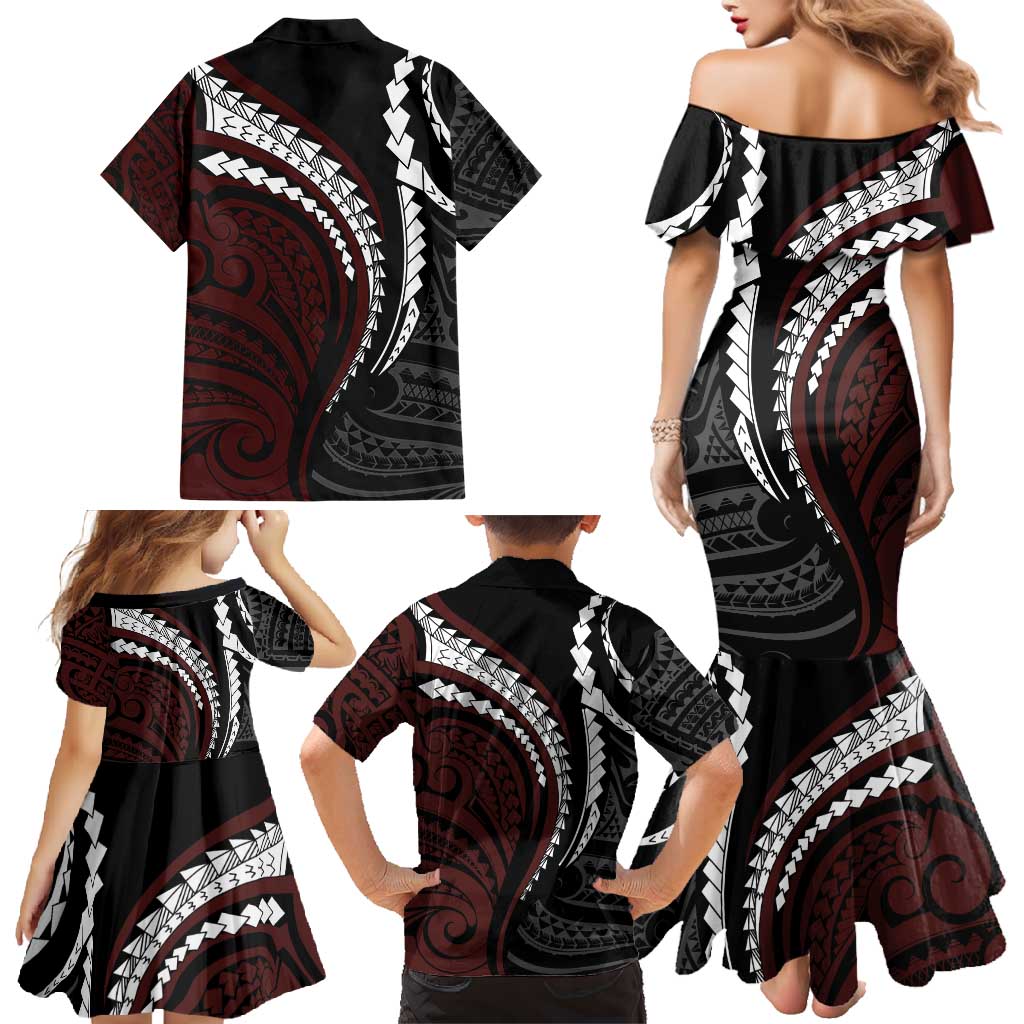 Polynesian Oxblood Line Art Tribal Tattoo Family Matching Mermaid Dress and Hawaiian Shirt LT9 - Polynesian Pride
