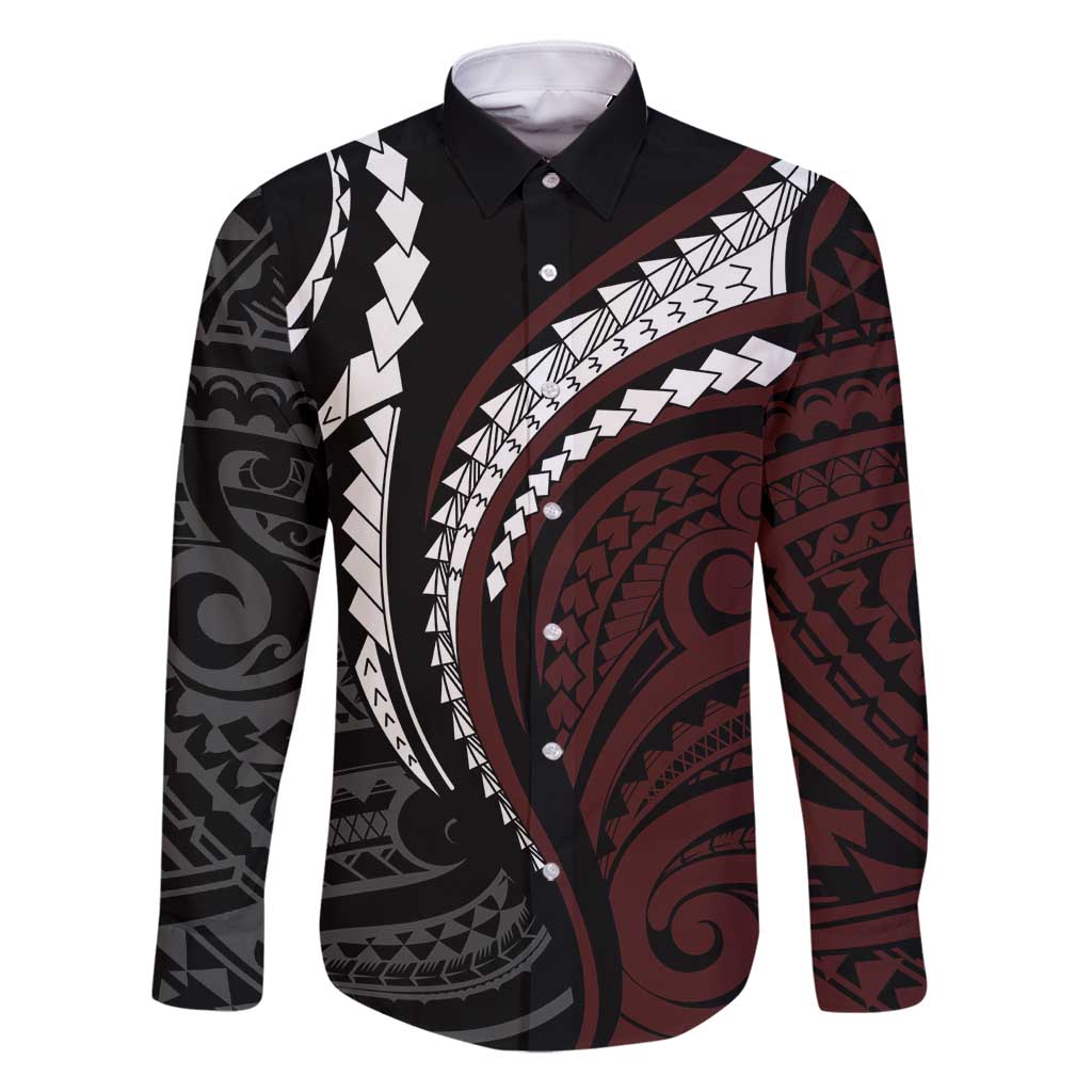Polynesian Oxblood Line Art Tribal Tattoo Family Matching Mermaid Dress and Hawaiian Shirt LT9 Dad's Shirt - Long Sleeve Beige - Polynesian Pride